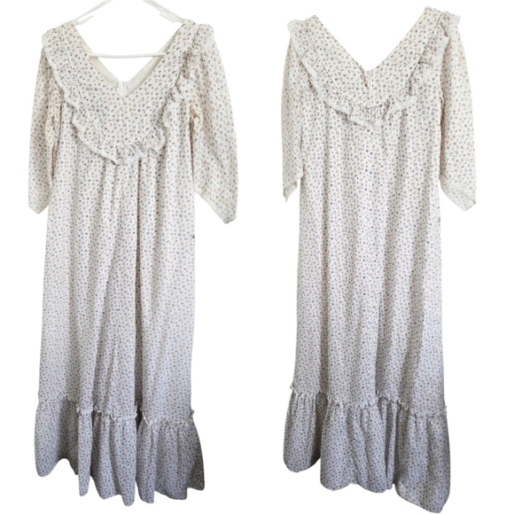 VTG 80s Carol Bennett White Ditsy Floral Hawaiian Muumuu Maxi Dress S/M Cottage - Picture 4 of 16